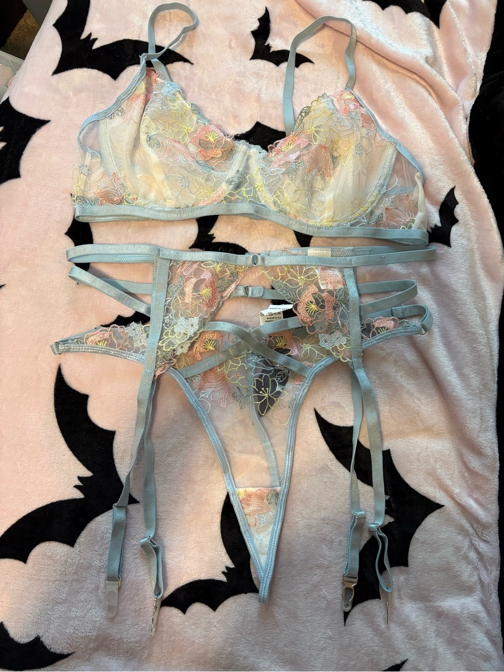 Sheer Pastel Embroidered Lace Bralette & Garter Set - Light Blue